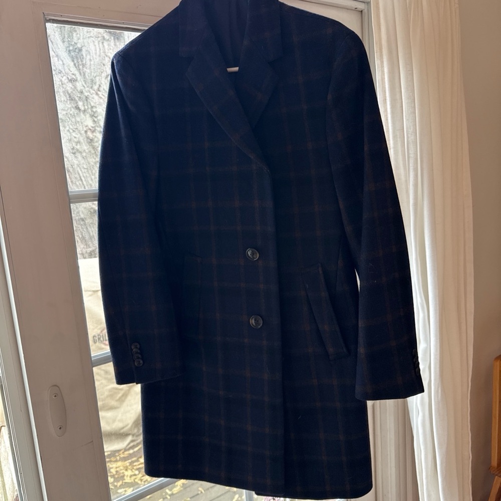 Classic Navy and Brown Plaid Wool Overcoat